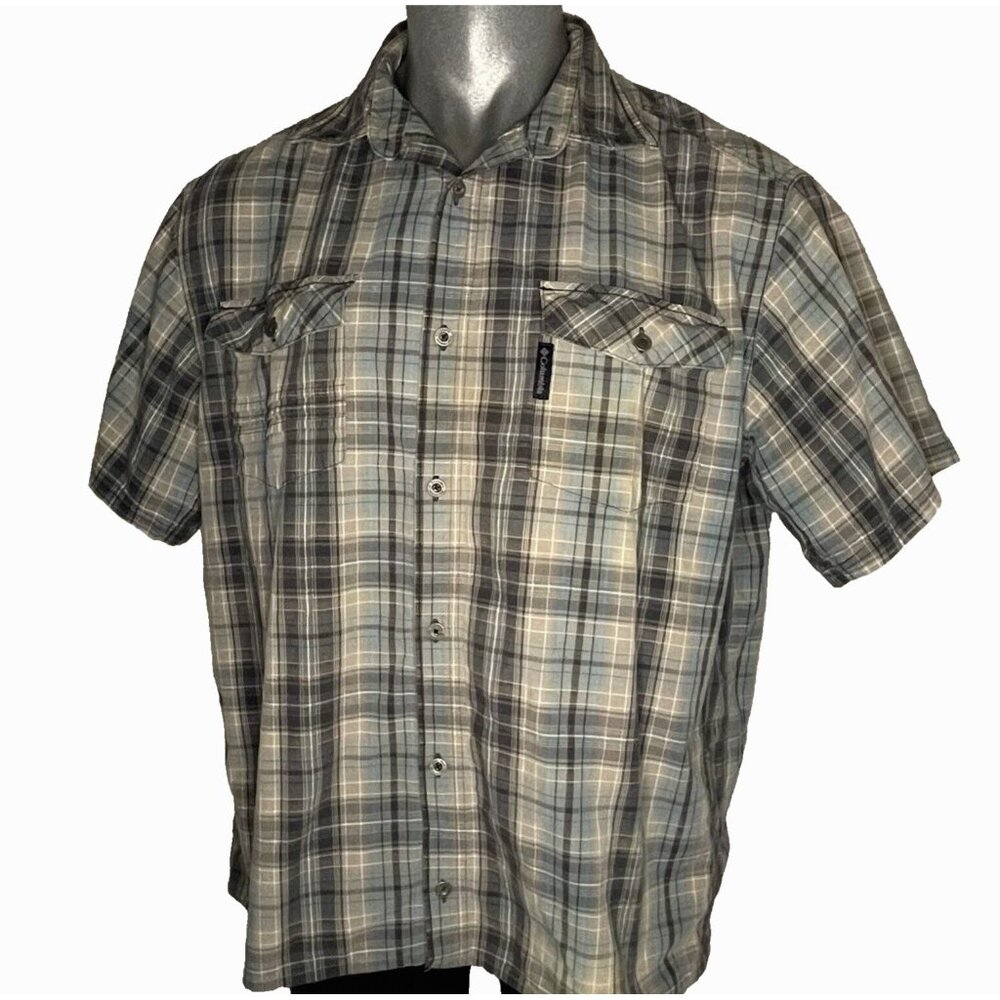 Columbia Plaid Shirt Mens 2XL Short Sleeve Button Front Pockets Blue Tan Cotton
